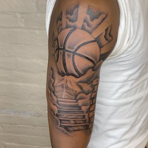 Basketball Tattoo Ideas, Black Men Shoulder Tattoo, Upper Shoulder Tattoo Men, Upper Shoulder Tattoo Men Ideas, Upper Shoulder Tattoo, Man Tattoos, Jordan Tattoo, Basketball Tattoos, Arm Tattoos Black