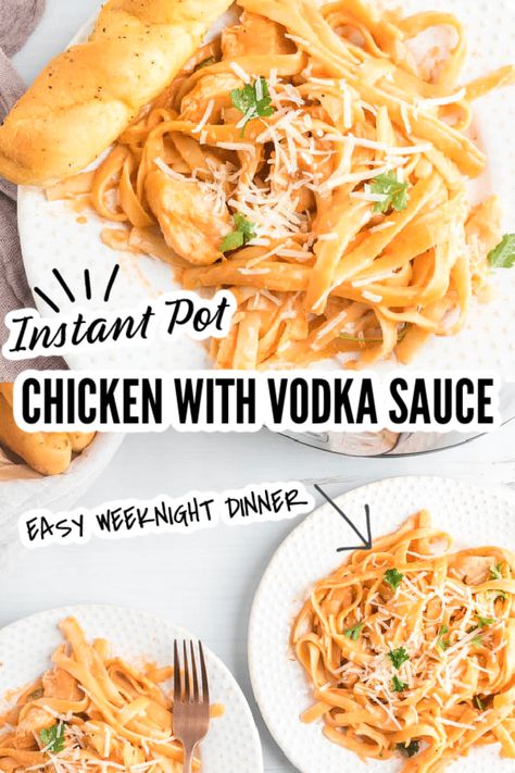 Whip up this Instant Pot Chicken with Vodka Sauce Pasta for dinner tonight. Creamy vodka pasta sauce paired with chicken and fettuccine. This chicken pasta vodka sauce is great for your family or entertaining guests. #instantpot #pressurecooker #instapot #chicken #pasta #fettuccine #vodka #vodkasauce #easy #dinner #bonelesschicken Crockpot Vodka Sauce Chicken, Instant Pot Vodka Pasta, Vodka Sauce Recipe Dinners Chicken, Chicken And Vodka Sauce Recipes, Vodka Sauce Pasta With Chicken, Chicken With Vodka Sauce, Chicken Vodka Sauce, Pasta Vodka Sauce, Creamy Vodka Pasta