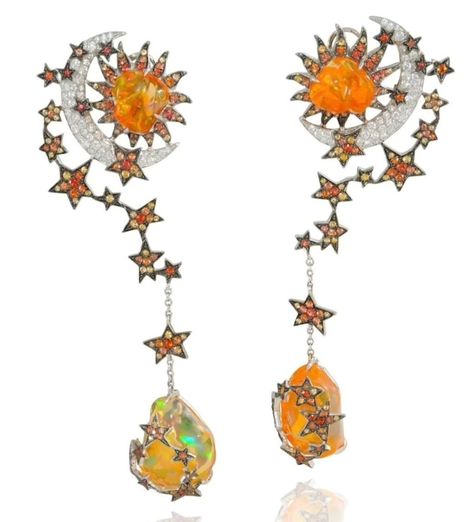 Lydia Courteille Jewelry, Lydia Courteille, Sunstone Earrings, Fire Opals, Orange Sapphire, Orange And Yellow, Sapphire Earrings, Character Creation, Yellow Sapphire