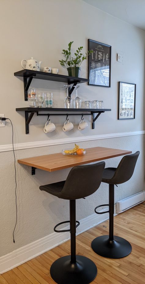 Cute Small Dinner Table, Bar Under Tv Ideas, Bar Dining Table Small Spaces, Small Apartment No Dining Area, Kitchen Bedroom Studio Small Apartments, Countertop Bar Ideas Small Spaces, Small Dining Room Ideas Apartment Rectangle Table, Small Counter Height Table Tiny Kitchens, Tiny Space Dining Area