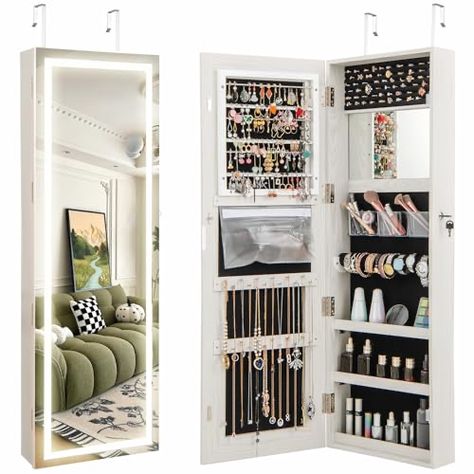 Mirror Organizer, Mirror Jewelry Cabinet, Mirrored Armoire, Jewelry Storage Diy, Mirror Jewelry, Closet Design Layout, Mirror Jewellery Cabinet, Full Length Mirror Wall, Hanging Jewelry Organizer