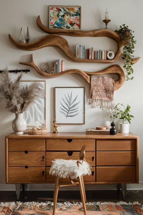 Combine creativity and charm with irregularly arranged wooden shelves. Style them with boho textiles and unique decor pieces for a relaxed, eclectic look.  #BohoDecor #EclecticStyle #WoodenShelves #BohemianVibes #FreeSpiritedDesign #ShelfStyling #UniqueHomeDecor #InteriorInspo #BohoChic #CreativeSpaces Wall Shelf Organization Ideas, Long Wall Shelf Decor, Bohemian Wall Decor Ideas, Bookshelf Wall Bedroom, Yarn Shelf, Funky Shelves, Aesthetic Shelf Decor, Bedroom Wall Storage, Bedroom Shelving Ideas