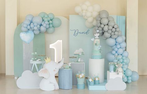 Elephant Baptism and 1st Birthday Party | CatchMyParty.com Baby Boy First Bday Theme, First Birthday And Baptism Ideas For Boy, First Year Boy Birthday Party Theme, Birthday Theme For Boys 1st, Birthday Themes For Boys 1st, 1st Birthday Boy Decorations Ideas, 1st Birthday Party Themes For Boys, Baby Boy First Birthday Ideas Themes, Elephant Birthday Theme