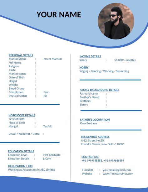 Your marriage biodata is your chance to make a great first impression. With our biodata ... Read moreDownload – Marriage Biodata Samples (Word-PDF) Editable The post Download – Marriage Biodata Samples (Word-PDF) Editable appeared first on TechGuruPlus.com. Biodata Page Design For Project, Page Design For Project, Design For Project, Adobe Photoshop Photography, Bio Data For Marriage, Letter Images, Bio Data, Blood Groups, Never Married