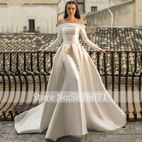 Satin Trumpet Wedding Dress, Wedding Dress Detachable Train, Embroidered Lace Wedding Dress, Boat Neck Wedding Dress, Detachable Train Wedding Dress, Detachable Wedding Dress, Satin Mermaid Wedding Dress, Column Wedding Dress, Satin Bridal Gowns