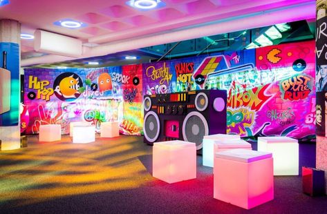 80’s Themed Parties - Eventologists | Leading Corporate Events Company Corporate Photobooth Ideas, Retro Event, Retro Theme Party, 80s Party Decorations, Candy Theme Birthday Party, 90s Theme Party, 80s Theme Party, 80s Theme, 90s Theme