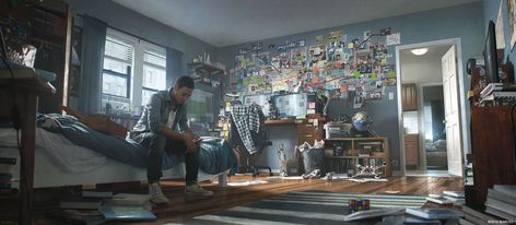 Miles Morales' Apartment environment concept art from Spider-Man #art #illustration #artwork #gaming #videogames #gamer #conceptart #gameart Miles Morales Room, Spider Man 2018, Spiderman Room, Spiderman Miles Morales, Spider Man Ps4, Spiderman Miles, Spiderman Ps4, Concept Art World, Apartment Art