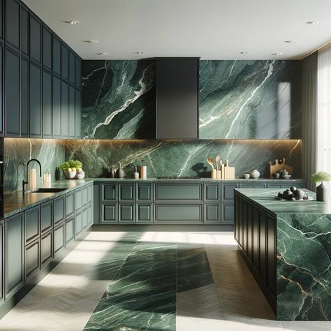 dark kitchen cabinets with emerald green marble countertops Green Marble Countertops, Green Kitchen Countertops, Kitchen Countertop Colors, Travertine Countertops, Emerald Green Marble, Dark Green Tile, Green Countertops, Countertop Colors, Tile Countertops Kitchen