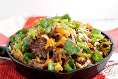 Pot Roast Nachos, Waffle Potatoes, Waffle Fry Nachos, Fry Nachos, Shredded Roast, Potatoes Fries, Brown Gravy Recipe, Leftover Pot Roast, Potato Nachos