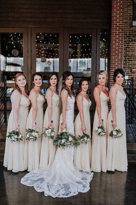 Bridesmaids in Champagne Colored Dresses | Southern Bridal Inspo Navy Blue And Champagne Wedding, Blue And Champagne Wedding, Navy Blue And Champagne, Navy Groom Suit, Bridesmaid Dresses Navy Blue, Bridesmaid Dresses Navy, Groom Suit Navy, Navy Blue Groom, Navy Blue Wedding Cakes