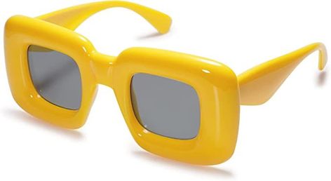 Bright yellow sunglasses with retro inspired frames, add this to any look and hit the dance floor! Inflated Sunglasses, Chunky Glasses, Cream Color Scheme, Yellow Sunglasses, Unique Sunglasses, Square Shades, 70s Disco, Fashion Glasses, 70s Retro