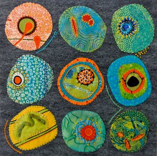 Love this idea for making up blankets etc from scraps of other things. Material Mavens: Barbara's Cell - Under the Microscope Under The Microscope, Textile Fiber Art, 자수 디자인, Art Textile, Science Art, Embroidery Inspiration, Fabric Art, Modern Quilts, Art Quilts