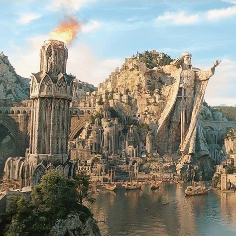 Numenorean City, Lord Of The Rings Architecture, Elven City, Rpg World, Fantasy Cities, Fantasy Locations, The Rings Of Power, Medieval World, Rings Of Power