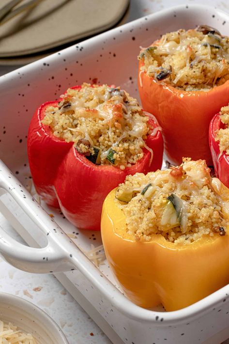 Couscous Stuffed Peppers, Making Couscous, Moroccan Couscous, Pearl Couscous, Garlic Olive Oil, Dash Diet, Yellow Pepper, Ground Lamb, Garbanzo Beans