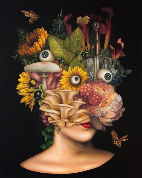 Emma Black is a visual artist whose paintings is dark yet beautiful and provide a feeling of calmness within the surreal chaos Surrealist Art Surrealism Paintings, Surreal Flowers, Mask Project, Modern Surrealism, Spoke Art, One With Nature, Surrealism Painting, Lowbrow Art, Fantasy Images