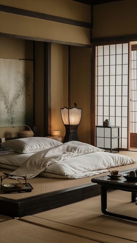 Japanese Loft Apartment, Small Japanese Room, Chinese Bedroom Ideas, Chinese House Design, Traditional Japanese Bedroom, Bedroom Japanese Style, Loft Apartment Aesthetic, Asian Inspired Bedroom, Japanese Room Decor