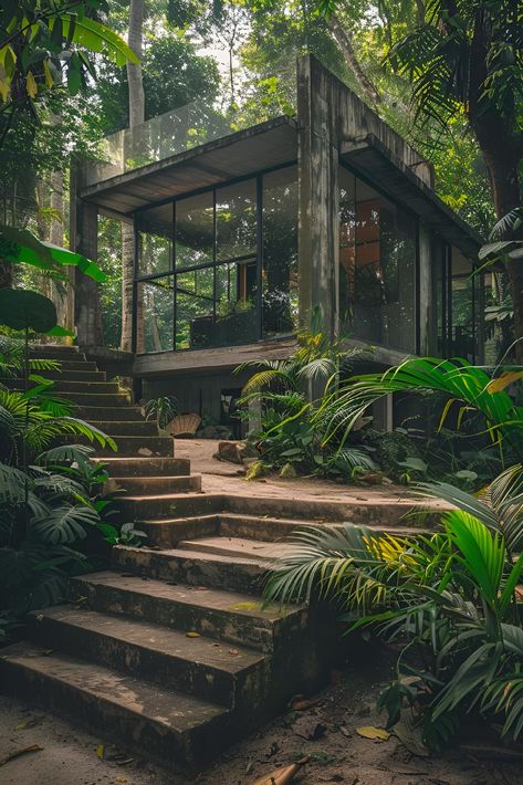 Ever dreamed of living in the heart of nature? This serene home with floor-to-ceiling glass windows seamlessly nestles in a lush, green jungle, giving you the feeling of floating above ground. The house, supported by minimalist concrete beams, opens up to the wild beauty around. Imagine waking up to this view every morning! 🌿✨ Save & follow @Greenbubble for more inspiring spaces.  #Artprint #imageprompt #aiimg #GreenLiving #JungleHome #NatureInspired #EcoArchitecture Rainforest House Interior, Japanese Zen House, House In Jungle, Tree House Architecture, Pnw House, House In The Jungle, Cottage Village, Home Jungle, Beautiful Tree Houses