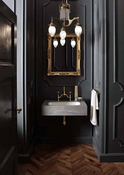 Top 60 Best Black Bathroom Ideas - Dark Interior Designs Moody Bar Design, Corian Bathroom, Dark Gray Bathroom, Moody Vintage, Mad About The House, Dark Bathrooms, Art Deco Bathroom, Pool Bath, Sandberg Wallpaper