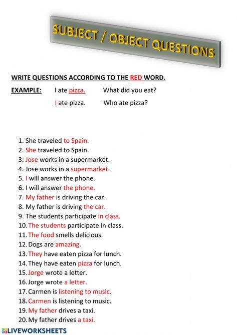 How To Make Questions Worksheet, Do Does Questions Worksheet, Indirect Questions Worksheet, Where Questions Worksheet, Subject Verb Object, Live Worksheet, Questions In English, Parts Of A Sentence, Subject Object