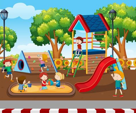 Playground Pictures, Picture Story For Kids, Picture Comprehension, Picture Composition, School Wall Art, School Murals, Children Park, School Painting, Kids Background