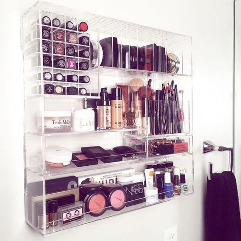 40+ Genius Makeup Organization Ideas Wall Makeup Organizer, Makeup Storage Wall, Wall Mounted Makeup Organizer, Bathroom Makeup Storage, Makeup Organization Ideas, Makeup Organizing, Makeup Storage Ideas, Makeup Shelves, Makeup Display