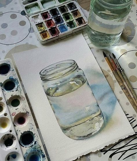 Watercolor mason jar 수채화 그림, Realistic Art, Watercolor Inspiration, Water Painting, Watercolor Techniques, Art Techniques, Art Sketchbook, 그림 그리기, Painting Inspiration