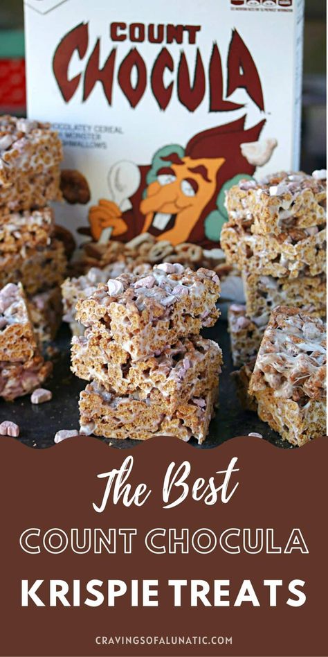 Count Chocula Recipes, Rice Krispie Treat Packaging, Count Chocula Treats, Count Chocula Cereal, Cereal Desserts, Monster Cereal, Krispy Treats Recipe, Halloween Rice Krispie Treats, Count Chocula