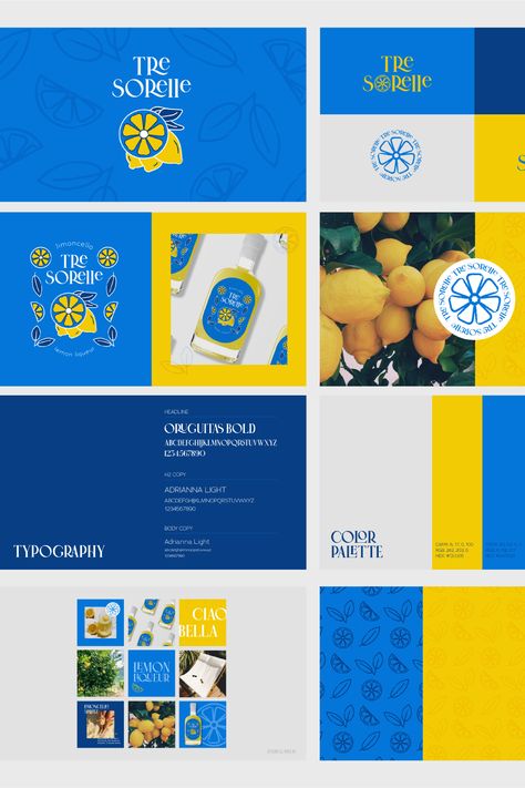 Brand Guidelines for Tre Sorelle, a fictional limoncello made from the freshest Italian lemons. I love the way the bold color palette makes this a sophisticated and modern limocello brand unlike what you typically see on shelves. #brandingguidelines #brandguidelines #branding #logodesign #brandidentity #branddesign #designer #graphicdesigner #limoncellobrand #limoncello #brandingstudio Limoncello Color Palette, Yellow Branding Palette, Brand Guidelines Color Palette, Color Palette Brand Guidelines, Color Palette Presentation Design, Brand Design Presentation, Lemon Palette, Branding Mood Board Visual Identity, Mediterranean Branding