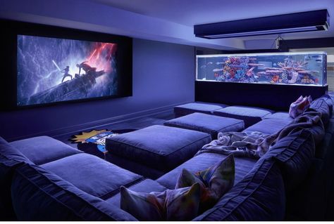 Theater Room Sectional, Sectional Movie Room, Cinema Room Design, Zona Tv, Small Theatre Room Ideas, Sala Cinema, Basement Movie Room, Contemporary Basement, Home Theater Room Design