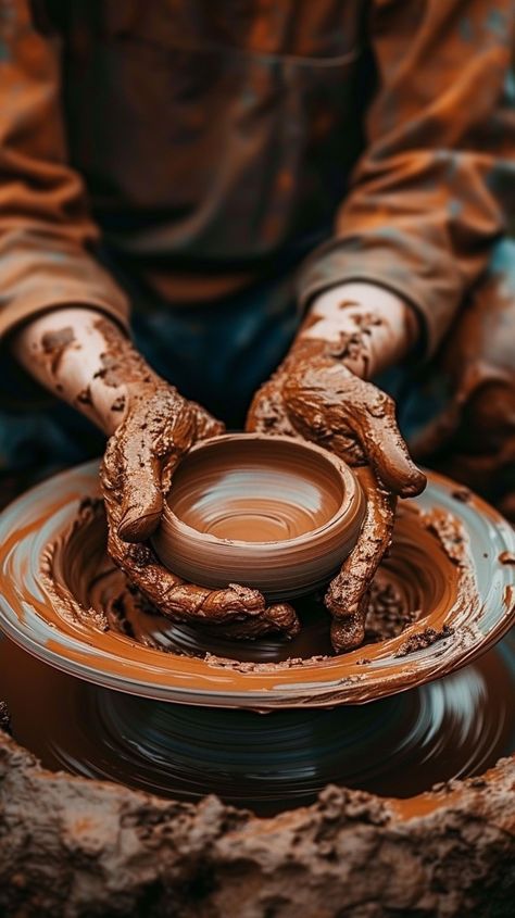 Pottery Wheel Art: An artist shapes a clay pot on a spinning wheel with skilled hands, creating art. #pottery #art #clay #wheel #shaping #hands #craft #creation #aiart #aiphoto #stockcake https://ayr.app/l/ZmXT Potter Hands, Pottery Moodboard, Potters Hands, Clay For Pottery, Potter And Clay, Pottery Hands, Pottery Artist, Pottery Wheel Aesthetic, Pottery Photography