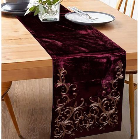 Rosdorf Park Stourbridge Velvet Embroidered Table Runner | Wayfair Embroidered Table Runner, Handcrafted Decor, Wooden Tree, Embroidered Cushions, Table Coffee, Motif Design, Napkin Holder, Vintage Copper, Beautiful Table