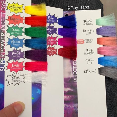 Guy Tang® on Instagram: “The NEW SuperPower shades are coming y’all!! LightningBolt, PhoenixFire, SheerPower, GreenAurora, CosmicCoral are all available now and…” Color Charm Toner Chart, Lanza Hair Color Chart, Purple Hair Shades Chart, Guy Tang Red Hair, Guy Tang Hair Color, Guy Tang Hair Color Formulas, Ash Brown Ombre, Guy Tang Hair, Guy Tang Mydentity