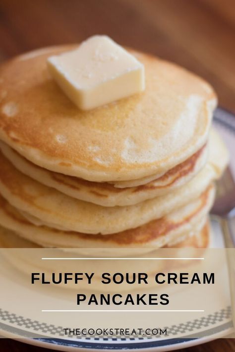 These fluffy sour cream pancakes are super soft and delicious. Included in the recipe is an option to use part whole-grain flour, which adds flavor and nutrition without sacrificing that melt-in-your-mouth texture. #TheCooksTreat #Pancakes #WholeGrainPancakes #Breakfast Pancake Recipe With Heavy Cream, Sour Cream Pancakes Recipe, Pancake Recipe With Sour Cream, Pancakes Sour Cream, Butter Milk Pancakes Fluffy, Sour Cream Pancakes, Whole Grain Pancakes, French Toast Pancakes, Cream Pancakes