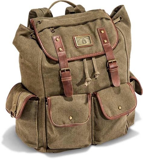 Retro Canvas Backpack | Russell's For Men Goblincore Backpack, Vintage Hiking Outfit, Reese Core, Adventurer Bag, Travelers Backpack, Adventure Equipment, Old Backpack, Adventurer Backpack, Bushcraft Backpack