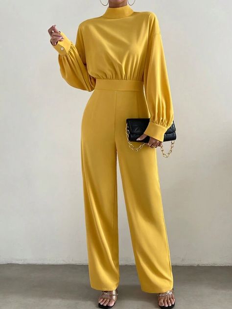 SHEIN Essnce Mock Neck Lantern Sleeve Wide Leg Jumpsuit | SHEIN USA Bridesmaids Jumpsuits, Wedding Party Outfits, Long Jumpsuits, Lantern Sleeve, Lantern Sleeves, Wide Leg Jumpsuit, Stylish Women, Diy Sewing, Mock Neck