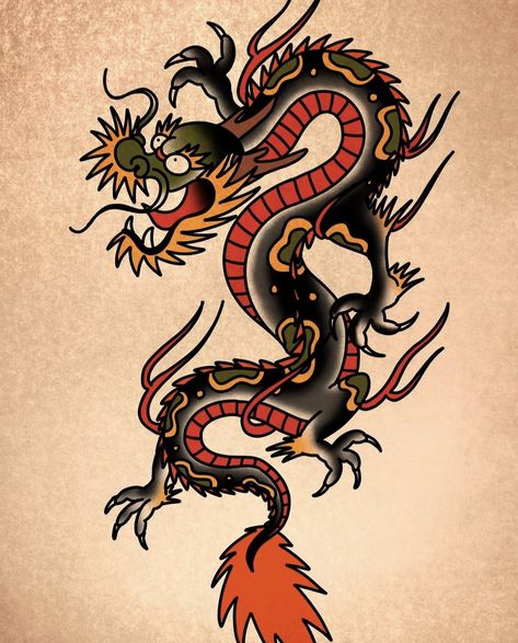 Old School Dragon Tattoo, Traditional Tattoo Dragon, Dragon Tattoo Stencil, Traditional Japanese Tattoo Flash, Traditional Tattoo Drawings, Dragon Head Tattoo, Americana Tattoo, Traditional Tattoo Inspiration, American Traditional Tattoo Ideas