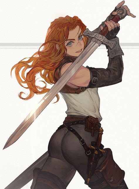 Character Holding Swords, Orange Hair Character Design, Character With Scar On Face, Nose Scar, Face Scar, Evelynn League Of Legends, Elbow Gloves, Black Footwear, Thick Eyebrows