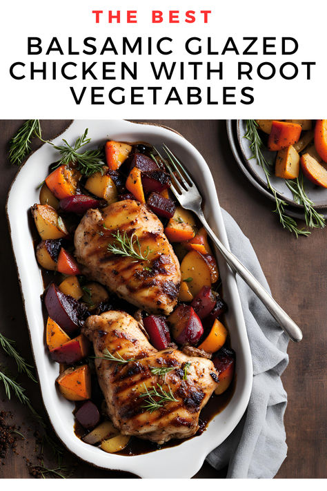 Roasted Chicken Breast And Vegetables, Roast Chicken Breast And Vegetables, Balsamic Recipes Dinners, Easy Balsamic Chicken, Chicken With Root Vegetables, Honey Chicken Thighs, Fun Finger Foods, Garlic Broth, Chicken With Vegetables