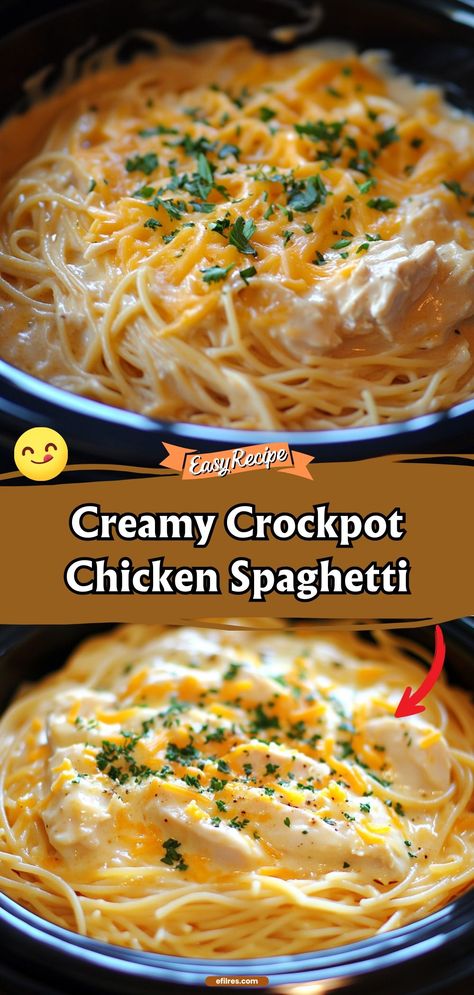 Our Creamy Crockpot Chicken Spaghetti is the epitome of set-it-and-forget-it cooking. This dish features tender chicken and spaghetti tossed in a creamy, savory sauce. It’s a comforting meal that’s perfect for busy weeknights. #CrockpotDinner #ChickenSpaghetti #EasyMeals Chicken Spaghetti Recipe Without Rotel, Creamy Chicken Pasta Crockpot Recipes, Chicken Spaghetti Casserole Crockpot, Crockpot Dishes For A Crowd, Crockpot Entrees For A Crowd, Crockpot Chicken Tenders Recipes, Crockpot Chicken And Pasta Recipes, Creamy Crockpot Chicken Spaghetti, Creamy Chicken Pasta Crockpot