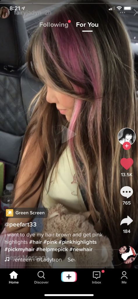 Pink Strand In Brown Hair, Brown Hair Pink Highlights, Hair Pink Highlights, Pink Highlights In Brown Hair, Brown Hair With Pink Highlights, Brown Hair Bangs, Hair Color Underneath, Red Hair Inspo, Dye Ideas