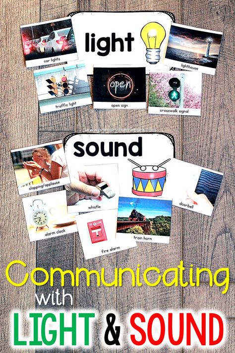 Teach student about communicating with light and sound using a sorting activity.  Students sort the pictures and tell what the light or sound communicates to us.  Great to incorporate into a light and sound unit for kindergarten and first grade. Teaching Sound, Sound Experiments, Light Science, Sound Science, First Grade Lessons, Sound Energy, 1st Grade Science, First Grade Science, Light Activities