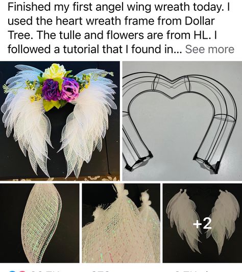 Angel Wings Wreath, Heart Wreath Frame, Angel Wing Crafts, Wings Diy, Angel Wings Decor, Diy Angel Wings, Deco Mesh Wreaths Tutorials, Deco Mesh Wreaths Diy, Diy Christmas Wreaths Ideas