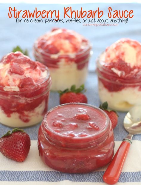 Strawberry Rhubarb Sauce/Syrup- Try it on ice cream, pancakes, crepes or just about anything! Rhubarb Ideas, Strawberry Rhubarb Recipes, Strawberry Rhubarb Sauce, Recipes Sauces, Rhubarb Sauce, Sauce Tartare, Homemade Goods, Rhubarb Desserts, Jar Recipes