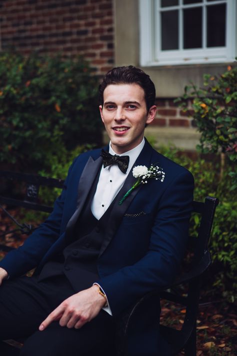 Navy blue tux with black lapels, black vest. Navy Blue Tuxedo Prom, Dark Blue Suit With Black Lapel, Black Tux With Navy Blue Vest, Blue Tux With Black Lapel, Black Tux Blue Vest, Velvet Navy Blue Suit, Navy Wedding Tux Groom, Dark Blue Velvet Suit Men, Dark Blue Suit Prom