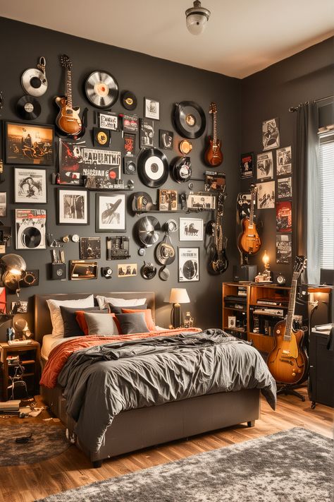 25 Male Bedroom Ideas That Will Blow Your Mind – The Crafty Hacks Rock Band Room Ideas, Single Mans Bedroom Ideas, Male Room Decor Bedroom, Music Aesthetic Bedroom, Single Men Bedroom Ideas, Teen Music Bedroom, Rock And Roll Bedroom, Rockstar Aesthetic Room, Guitar Room Man Cave