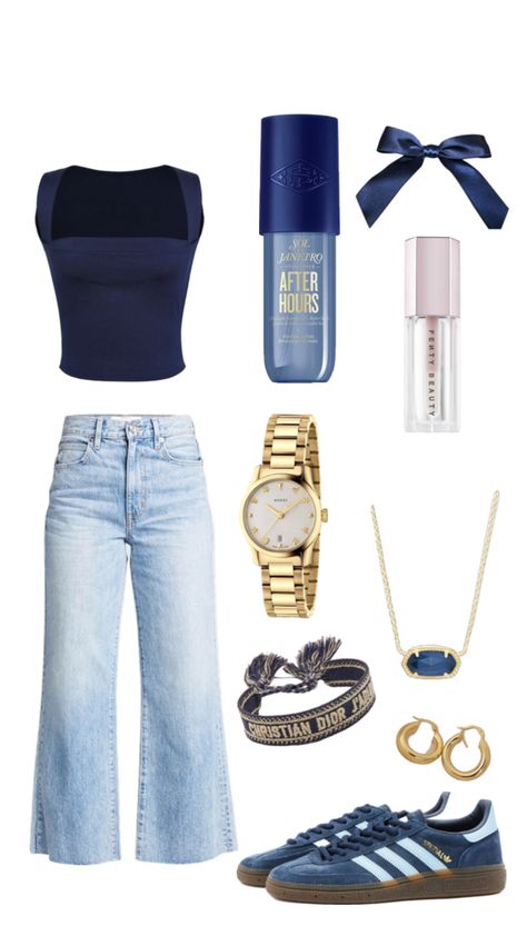 Jeans And Navy Top Outfit, Navy Blue Party Outfit, Cute Hockey Game Outfit Casual, Cute Navy Blue Outfits, What To Wear With Navy Blue Leggings, Outfits With Navy Blue Shirt, Blue Shirt And Jeans Outfit, Navy Blue Top Outfit Ideas, Navy And Gold Outfits