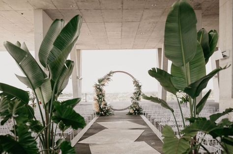 Green Plant Wedding Decor, Beach Modern Wedding, Birds Of Paradise Wedding Decor, Green Plants Wedding Decor, Plants As Wedding Decor, Minimalist Tropical Wedding Decor, Tropical Plant Wedding Decor, Tropical Aisle Decor, Plants At Wedding