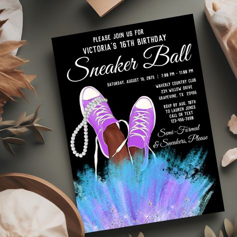 Teal Sneakers, Ball Birthday Parties, Ball Birthday, Purple Teal, 10th Birthday, Sweet 16, Birthday Party Invitations, Birthday Party Themes, Party Invitations