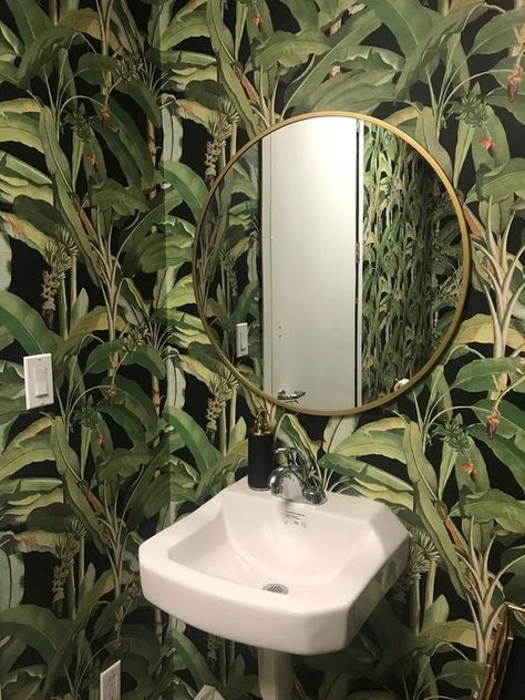 Leaf Wallpaper Bathroom, Small Wc, Wc Ideas, Palm Garden, Wallpaper Bathroom, Banana Leaf Wallpaper, Painter And Decorator, Banana Plants, Tropical Wallpaper