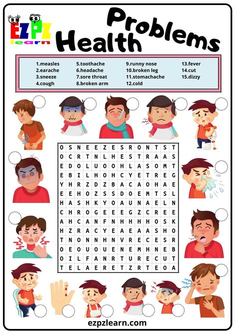 Health Problems Word Search 2 - Ezpzlearn.com Free Printable Word Searches, English Activities For Kids, English Games, English Worksheets For Kids, Kids English, English Lessons For Kids, Tarot Learning, English Activities, Grammar Lessons